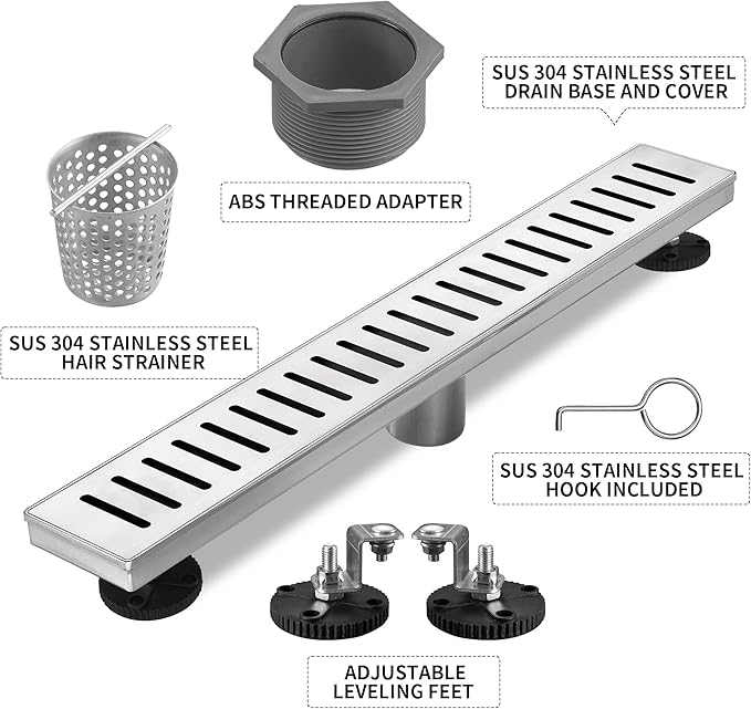 Linear Shower Drain 24 inch, Floor Drain with Removable Pattern Grate, 304 Stainless Steel Rectangular Linear Drain with Hair Strainer, CUPC Certified, Brushed Nickel, SD-104