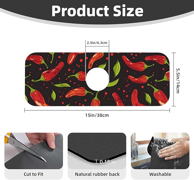Faucet Draining Mat For Kitchen Sink, Red Chili Pepper Diatom Mud Absorbent Drain Pad For Bathroom Kitchen Sink Splash Guard Drying Mat