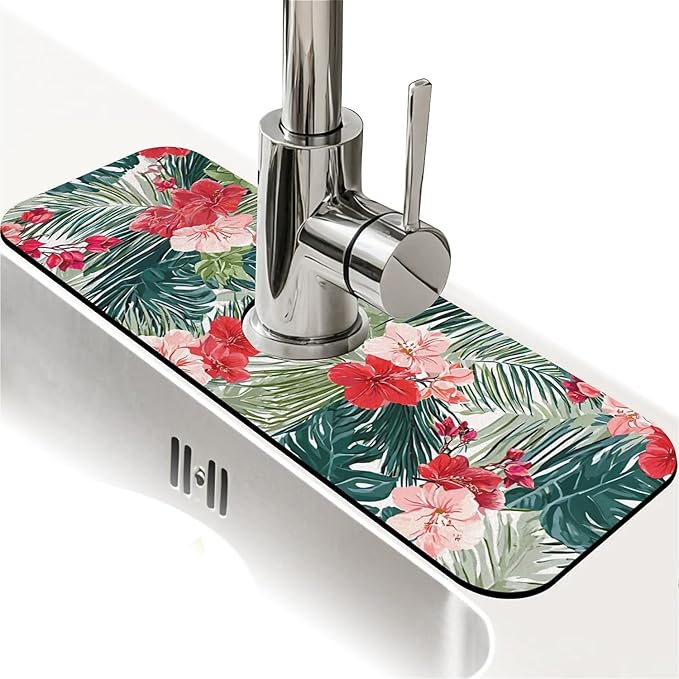 Kitchen Sink Splash Guard，tropical plants Faucet Mat Sink Gadgets-Super Absorbent Fast Drying Mat Drip Catcher for Kitchen, Bathroom,Sink Mat, Dish Drying Mat, Bathroom(15" X 5.5" )