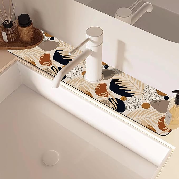 Boho Tropical Leaves Kitchen Sink Splash Guard Mat Absorbent Fast Drying Mat Faucet Draining Mat Sink Splash Guard Behind Faucet Drip Catcher for Kitchen Bathroom 5.5"×24"