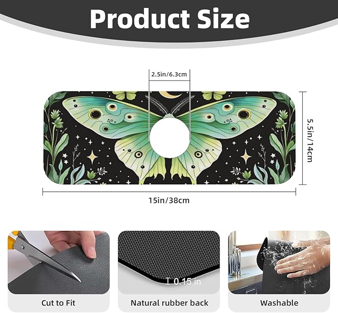Butterfly Moon Garden 15" X 5.5" Kitchen Sink Splash Guard, Faucet Guard Draining Mat, Faucet Suction Pad For Kitchen Bathroom