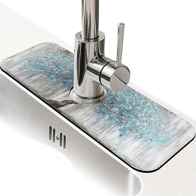 Kitchen Sink Splash Guard，light blue tree Faucet Mat Sink Gadgets-Super Absorbent Fast Drying Mat Drip Catcher for Kitchen, Bathroom,Sink Mat, Dish Drying Mat, Bathroom(15" X 5.5" )