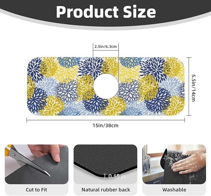 Dahlia Floral Colorful Flower Kitchen Sink Splash Guard Faucet Mat Super Absorbent Fast Drying Mat Sink Gadgets-Fast Drying Pad Sink Mat For Kitchen Bathroom (15" X 5.5" )