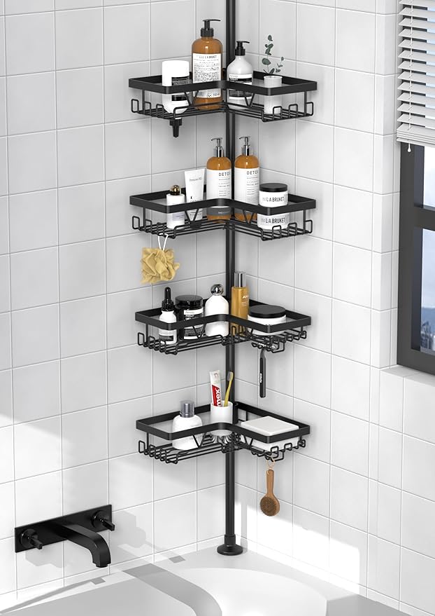 Corner Shower Caddy - 24 Hanging Hooks, Tension Pole Adjustable 25-114.2 Inch, Bathtub Organizer for Tub Corner - No Drilling, Black