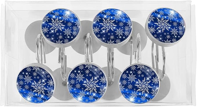 Christmas Snowflake Shower Curtain Hooks 12 Pcs, Rust Proof Glass Surface Stainless Steel Curtain Rings for Bathroom Bedroom Living Room Kitchen Home Shower Rods Decor