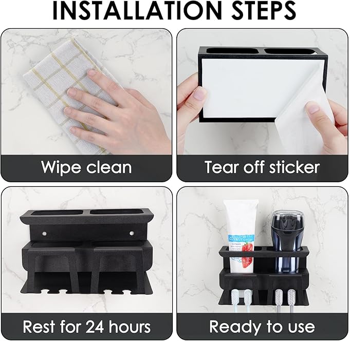 Self Adhesive Toothbrush Holder, 4 Slots Toothbrush Cup Holder, Wall Mounted Toothbrush Organizer for Bathroom Shower (Black)
