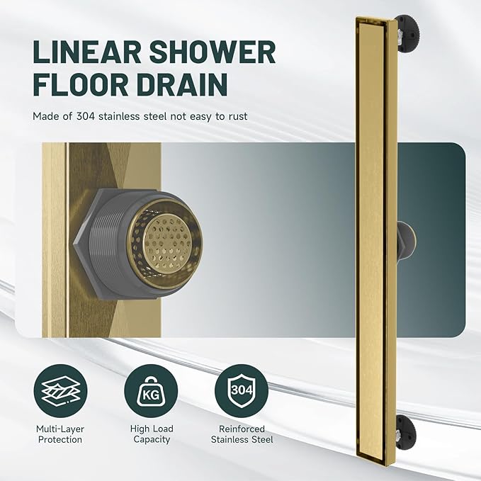 28-Inch Linear Shower Floor Drain, Stainless Steel Bathroom Floor Drains, Rectangular Shower Trench Floor Drain, Hair Strainer, Brushed Gold