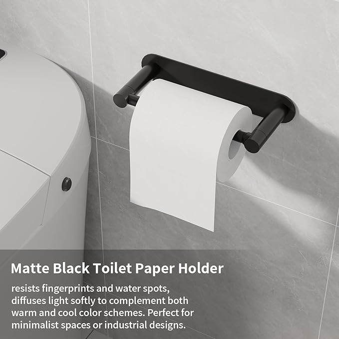 Adhesive Toilet Paper Holder, Self Adhesive Double Post Pivoting Toilet Tissue Holder, Stick on No Drilling Toilet Paper roll Holder for Bathroom, Stainless Steel and Zinc Alloy, Matte Black, 2Pack