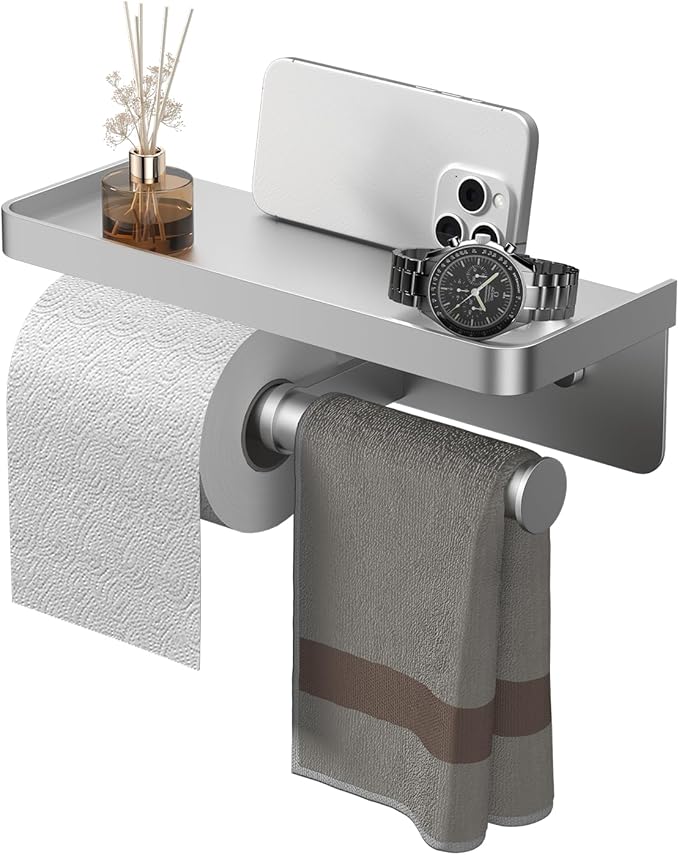 Double Toilet Paper Holder with Shelf, iMonse Paper Towel Holder Wall Mount,Tissue Roll Holder for Bathroom Kitchen RV, Double Tissue Roll Rack with Adhesive & Screw (Silver)