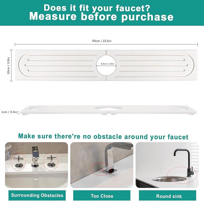 23.6”Drying Stone Faucet Mat for Kitchen Sink-Diatomite Quick Dry Kitchen Sink Splash Guard, Water Absorbent Diatomite Stone Tray,Durable Protector for Bathroom Counter (White, 23.6" X 3.9")