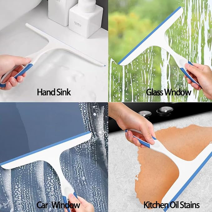 2Pcs 10 Inch Shower Squeegee and 2Pcs Stainless Steel Adhesive Hooks, Streak Free Glass Window & Bathroom Door Mirror Squeegee Household Cleaning Tool, Plastic Water Wiper for Car Windshield Cleaning