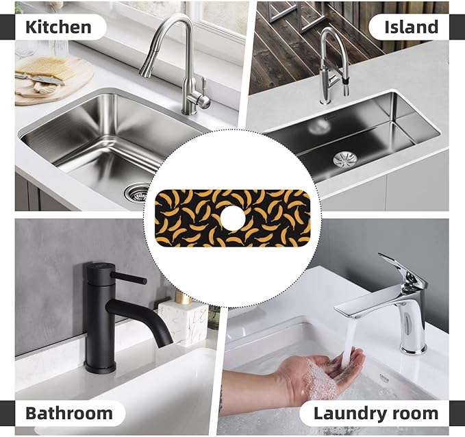 Yellow Banana Black Kitchen Sink Splash Guard Faucet Mat Super Absorbent Fast Drying Mat Sink Gadgets-Fast Drying Pad Sink Mat For Kitchen Bathroom (15" X 5.5" )