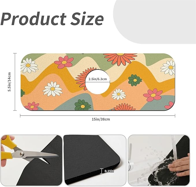 Faucet Draining Mat For Kitchen Sink, 70s Groovy Flowers Diatom Mud Absorbent Drain Pad For Bathroom Kitchen Sink Splash Guard Drying Mat