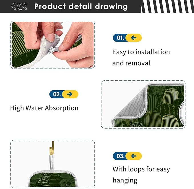 2 PCS Kitchen Sink Splash Guard 30 Inch Faucet Mat for Kitchen Sink Bathroom Sink Faucet Absorbing Drip Drain Mat Pad Microfiber Soft Washable Dark Green Cactus Plants