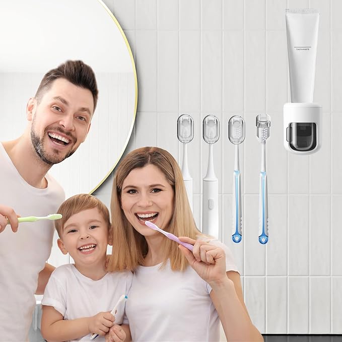 Toothbrush Holder 4-Pack with 1 Toothpaste Dispenser, Dustproof Electric Toothbrush Holder Wall Mounted Adhesive Toothbrush Heads Organizer for Bathroom, Family & Travel(No Drilling)