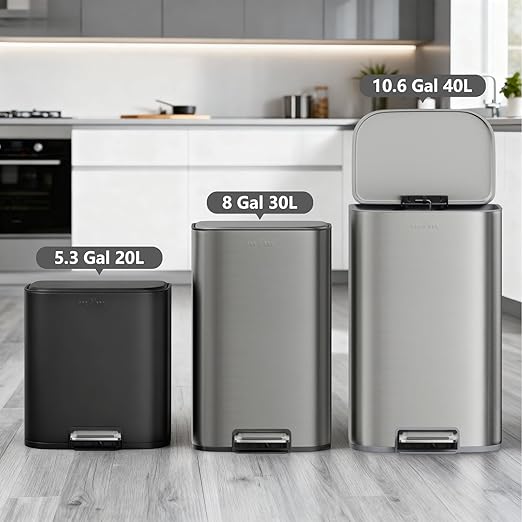 mVm 10.6 Gal Kitchen Trash Can, Step Trash Can with Lid, Smooth Edge Garbage Bin for Home Office (Gray)