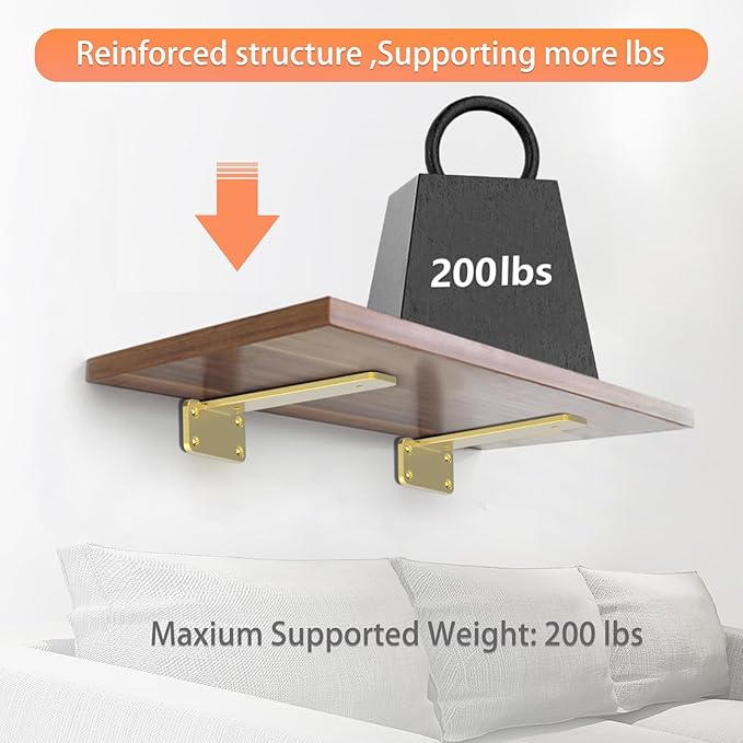 Floating Shelf Brackets Upgraded, 8 inch, Gold Heavy Duty Iron Shelf Brackets, Industrial Modern Floating Shelf Support for Wall Mount Shelves,Wide Brackets ,4 Pack, Support DIY(5mm Thickening Type).