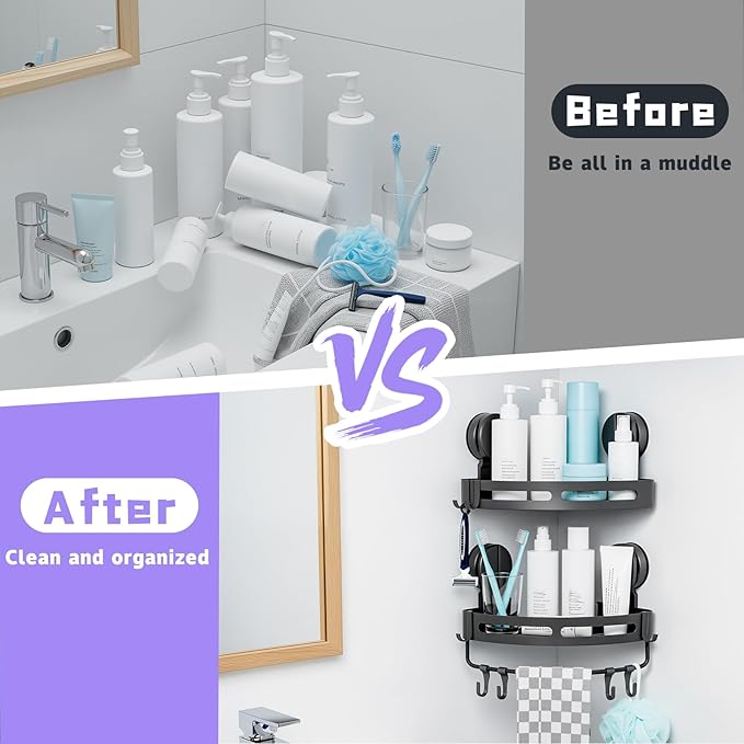 Corner Shower Caddy Suction Cup Shower Shelf Corner No Drilling Bathroom Shower Organizer Storage Rack Suction Cup Type with Towel Bar Hooks (Shower Caddy)