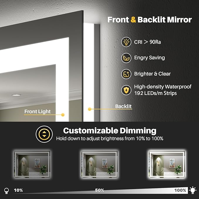 48"x38" LED Bathroom Mirror with Lights, Backlit & Front Lit, Lighted Wall Mirrors for Bathroom Vanity, Touch Screen Dimmable, Anti-Fog, Memory Function, HD Tempered Glass, Shatter-Proof, ETL Listed