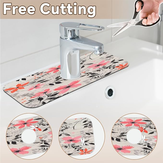 Gray Background Floral Kitchen Faucet Mat Splash Guard, 15.4”x5.7” Absorbent Quick Drying Sink Mat for Countertop Protection, Draining Mat Sink Protectors For Kitchen Bathroom, 2 Pack