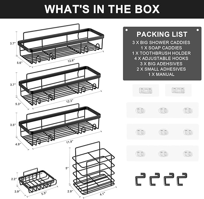 Shower Caddy, Bathroom Organizers, Black Shower Shelves for Inside with Soap Caddy & Toothbrush Holder, Stainless Steel Wall Rack Baskets Adhesives Mounted(5 PCS)