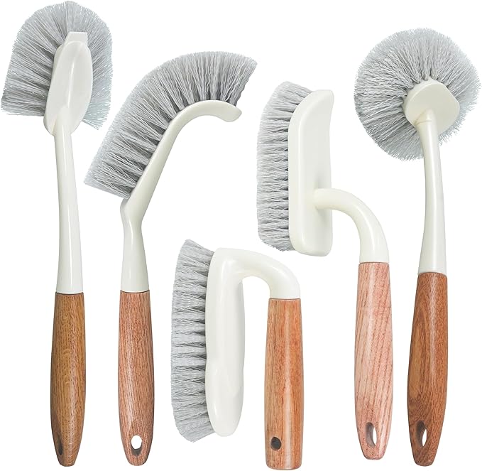 5-Pack Heavy Duty Scrub Brushes Set with Wooden Handles - Multi-Surface Cleaning for Kitchen, Bathroom, Tile & Grout Includes Spherical, Triangle, Square & Dish Brush for Tough Stains