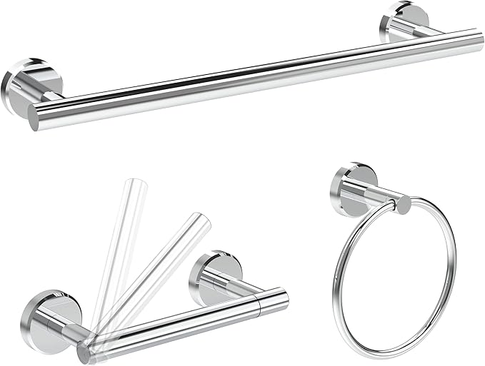 3pc Bathroom Hardware Set with Polished Toilet Paper Holder, Towel Ring, Towel Bar SUS304 Stainless Steel Toilet Paper Roll Holder Wall Mount, Bathroom Towel Holder, Towel Rack Set