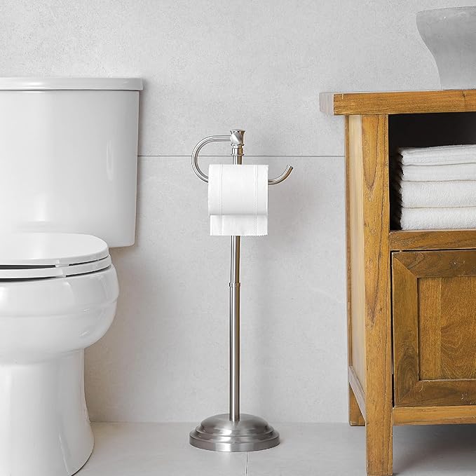 RUMOSE Toilet Paper Holder Stand for Floor, Brushed Nickel Adjustable (12.4" to 22.8") Bathroom Toilet Tissue Holder, Free Standing Toilet Paper Roll Holder with Storage, Stainless Steel