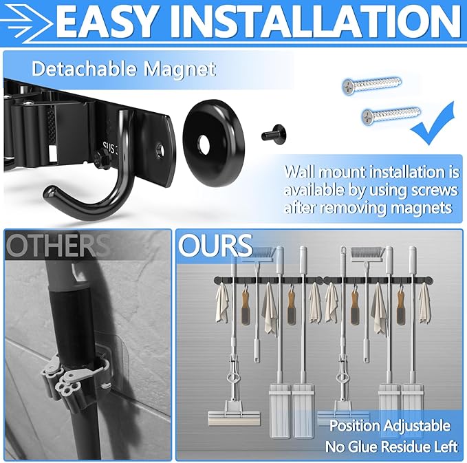 3-H Magnetic Broom Holder Wall Mount 1 Pack, 2-in-1 Dual Mount (No Drill or Screw Fix), 304 Stainless Steel Heavy Duty Magnet Mop Broom Organizer for Kitchen Garden Garage(4 Racks & 5 Hooks,Black)