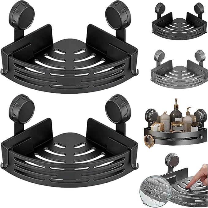 2026 New Suction Cup Corner Shower Shelf, No-Drill Bathroom Corner Shelf Strong, Waterproof Suction Cup, Bathroom Organizers and Storage Countertop for Bathroom Kitchen (Black-2PCS)