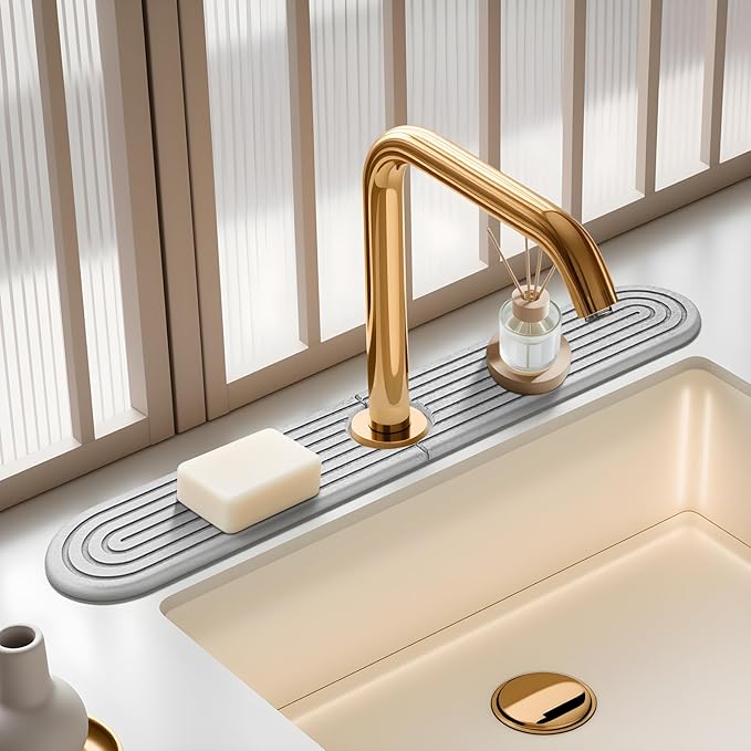 Diatomite Stone Faucet Mat For Kitchen Sink-Absorbent Fast Drying Stone Sink Tray,Faucet Splash Guard Counter,Quick Dry Sink Mat Around Faucet For Kitchen & Bathroom (Light Gray-Oval,23.6" x 4")