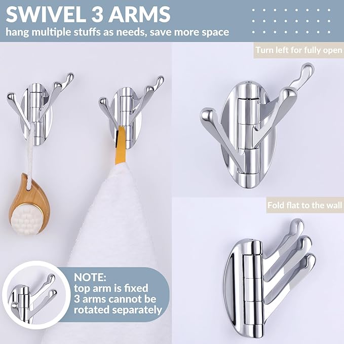 APLusee Swivel Chrome Robe Hook 2 PCS, Metal Foldable Towel Holder with Triple Rotating Arms, Heavy Duty Bathroom Kitchen Coat Hanger Wall Mounted