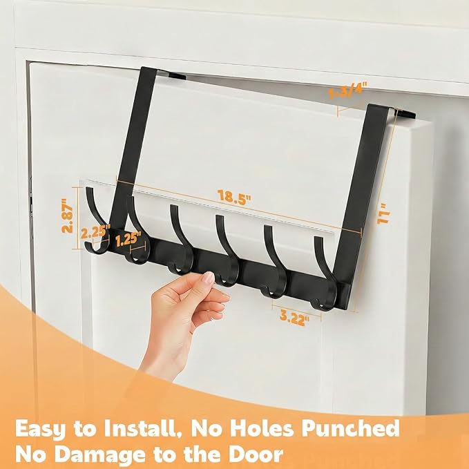 2 Pack Large Over The Door Hooks, Sturdy Door Hanger with 12 Hooks, Door Towel Rack for Bathroom, Bedroom, Kitchen, Coat Rack for Hanging, Easy to Install (Black)