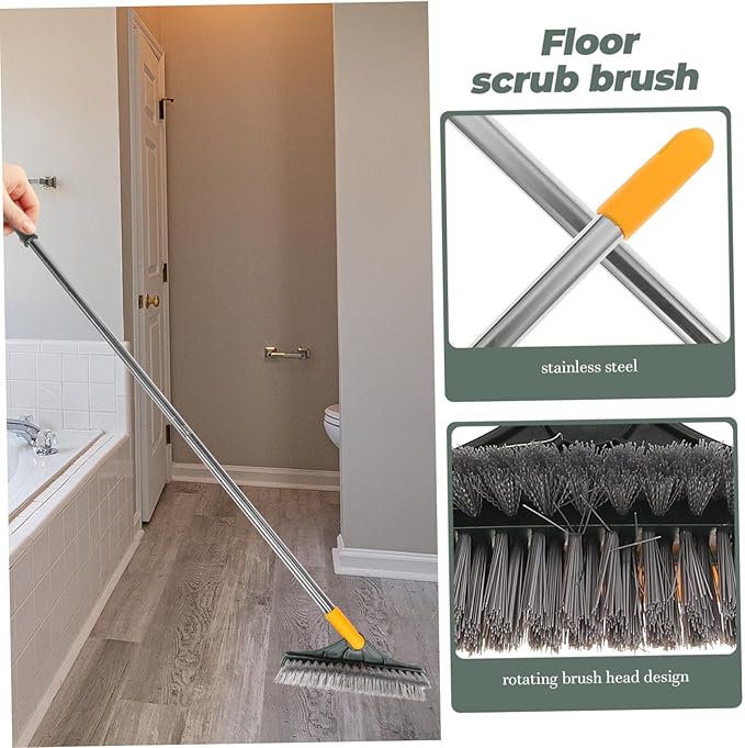 Rotating Double Bristle Floor Cleaning Brush with Long Handle for Bathroom Kitchen Tile Grout and Straight Bristles Scrub Reach Corners Suitable for Shower Walls and Patios