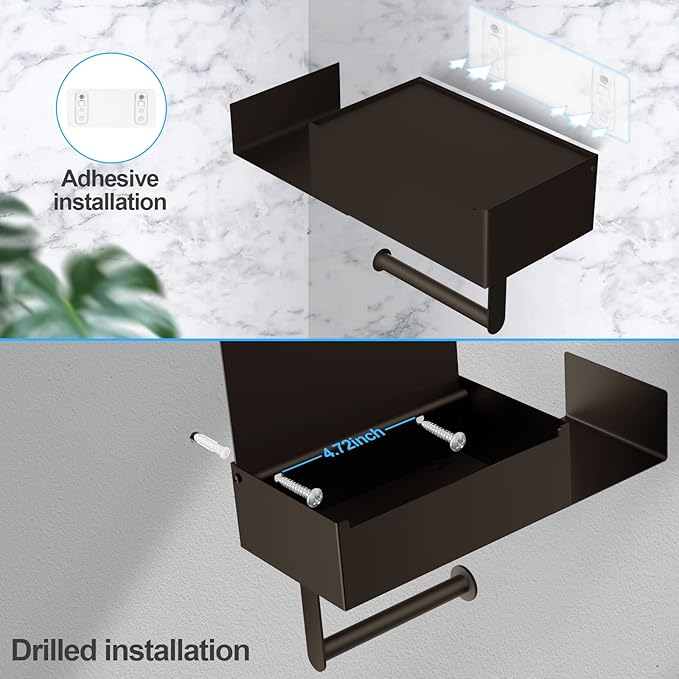 Toilet Paper Holder with Shelf, FUNLEU Flushable Wipes Dispenser for Bathroom, Self Adhesive Toilet Paper Holder with Storage - Stainless Steel Toilet Holder Keep Wipes Hidden Out of Sight, Bronze