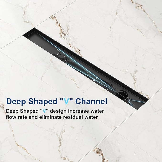 Neodrain 24-Inch Offset Linear Shower Drain with Tile Insert Grate Cover, 304 Stainless Steel Rectangle Side Outlet Shower Floor Drain, Adjustable Leveling Foot, Hair Strainer/Catcher, Matte Black