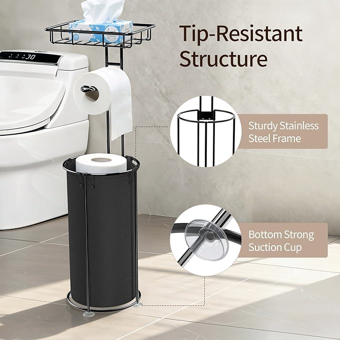 Lewondr Free Standing Toilet Paper Holder, Toilet Paper Holder with Shelf, Bathroom Tissue Roll Storage Rack with Storage Bag for 3 Rolls of Tissue, Black