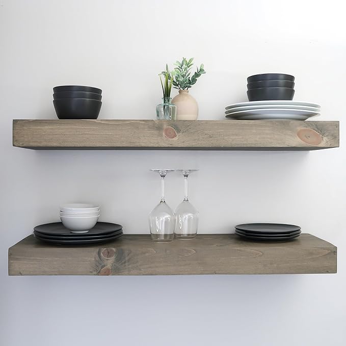 Urbandi Modern Floating Shelves 3 Inches Thick for Wall, Wide Shelves for Kitchen, Living Room, Bedroom, and Bathroom, Natural Pine Wood, Rustic Wooden Shelf, (Set of 2) (Aged Barrel, 60Lx3Hx8D)