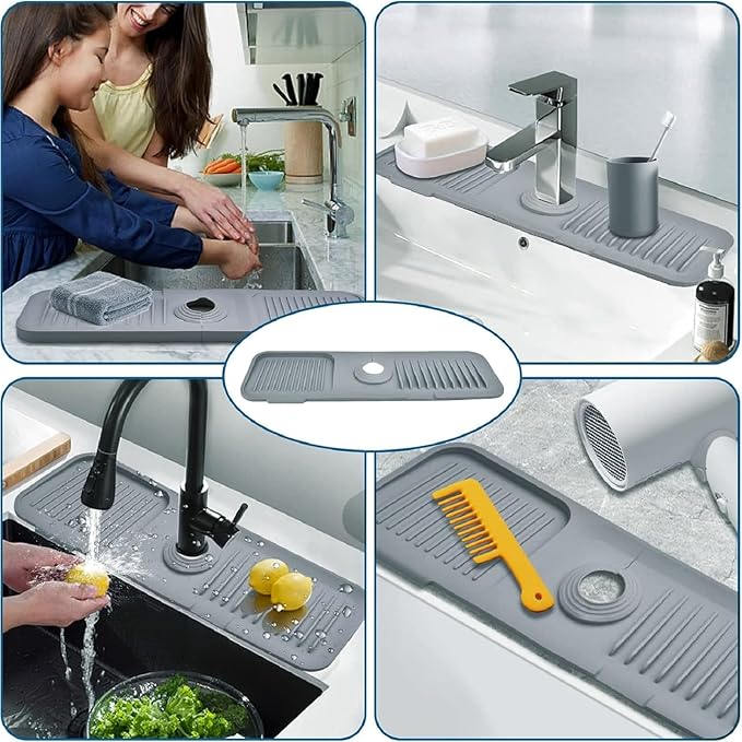 Silicone Sink Splash Guard for Kitchen & Bathroom, 17.7 inch Faucet Mat with 5° Slope & Cuttable Hole, Fast Draining Drip Catcher Tray, Dish Soap Sponge Holder, Drying Mat for Counter Top