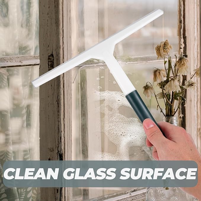 Wide Green Shower Squeegee for Bathroom Glass Doors and Car Windshields, Handheld Window Cleaning Tool with Sturdy Blade for Home and Car Windshield Maintenance