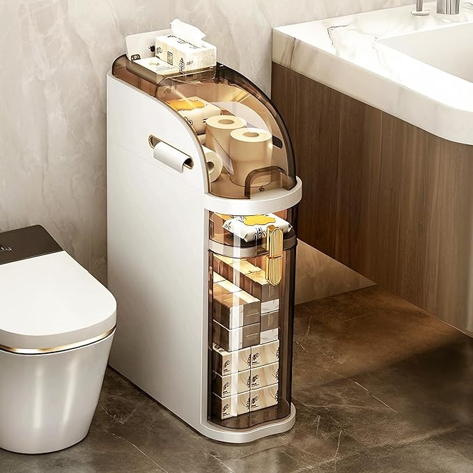 2-Tiers Narrow Bathroom Floor Storage Cabinet 7.1″ Plastic Drawers Organizer with Tissue Box and Wheels Slim Waterproof Bathroom Cabinet for Small Kitchen Laundry Living Room Toilet Gap