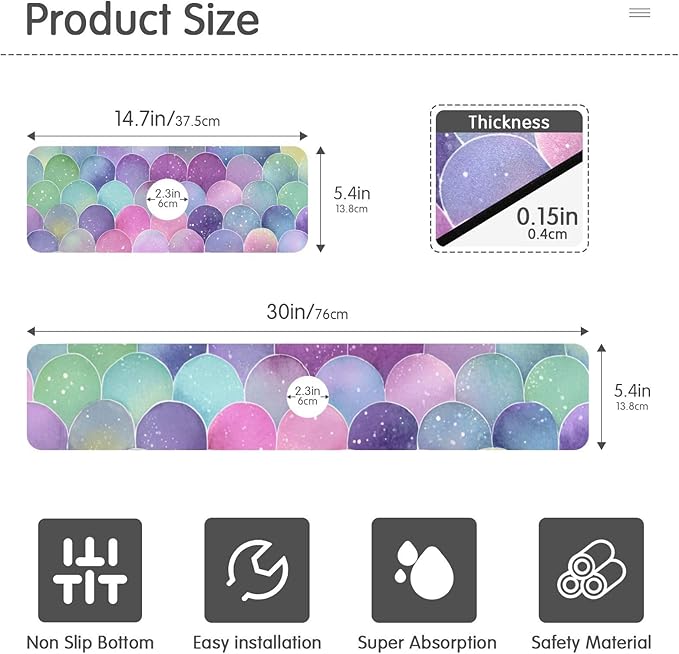 Kitchen Sink Splash Guard 2 PCS 14.7 Inch Sink Faucet Mat Splash Guard for Bathroom Countertop Water Absorbent Foldable Cuttable Soft Washable Watercolor Mermaid Scales Colors