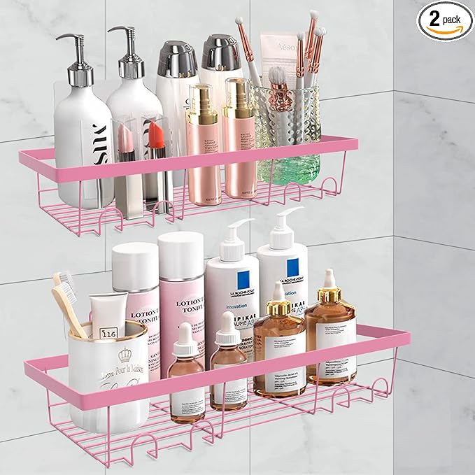 2 Pack Adhesive Shower Caddy Organizer with Hooks, Rustproof No Drilling Wall Mounted Storage Shelf Rack for Inside Shower/Bathroom/Kitchen (Pink)