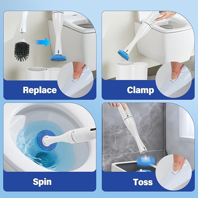 Electric Toilet Brush Scrubber and Holder Set,Electric Toilet Bowl Cleaning Kit with 8 Disposable Refill Heads,Hard Nylon Brush and Soft Silicone Brush