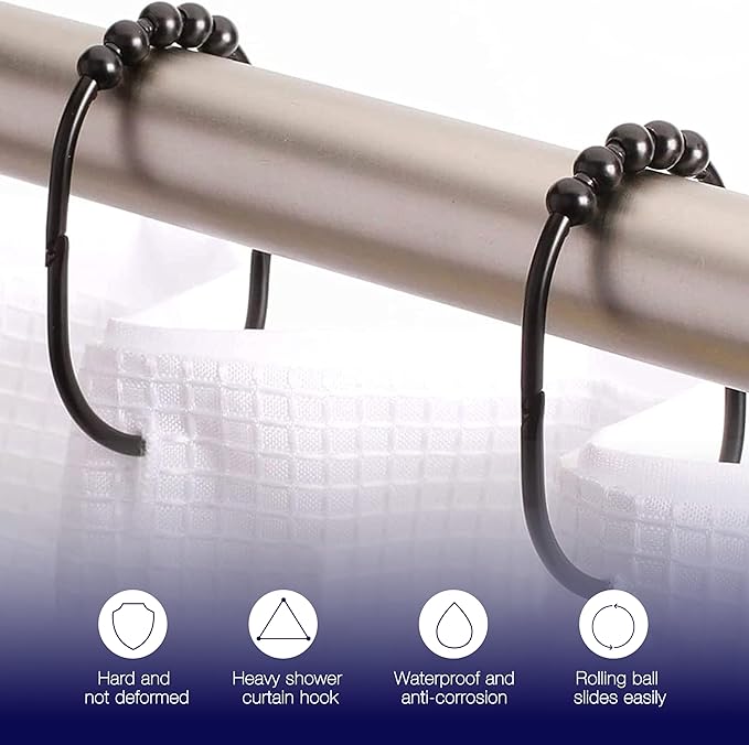 2 Lb. Depot Wide Shower Curtain Ring - Set of 12 Easy Glide and Rust-Proof Rollers - Stainless Steel Shower Curtain Hooks Black for Straight and Curved Rods - Decorative and Durable for Any Bathroom