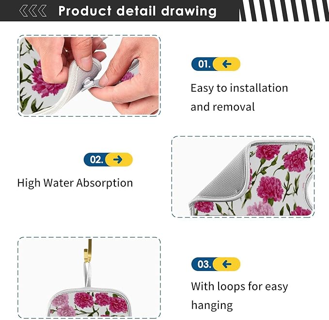 2 PCS Kitchen Sink Splash Guard 23.6 Inch Faucet Mat for Kitchen Sink Bathroom Sink Faucet Absorbing Drip Drain Mat Pad Microfiber Soft Washable Beige and Pink Carnation