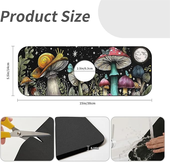 Kitchen Sink Splash Guard，Snail and Mushroom Faucet Mat Sink Gadgets-Super Absorbent Fast Drying Mat Drip Catcher for Kitchen, Bathroom,Sink Mat, Dish Drying Mat, Bathroom(15" X 5.5" )