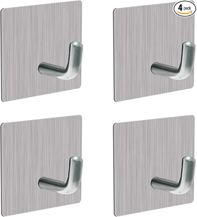 Heavy Duty Self-Adhesive Coat Hooks, Stainless Steel Towel Hooks for Shower, Bags, Towels, Robes, Hats, Aprons – No Drill Bathroom, Kitchen, Hotel Wall Hooks (4 Pack, Silver)