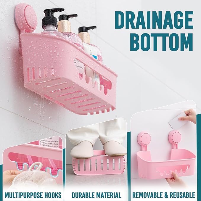 TAILI Shower Caddy Suction Cup, Heavy Duty Bathroom Organizer, Removable Shelves for Inside Shower, Shampoo, Waterproof Suction Plastic Storage for Bathroom Accessories Holder, Pink