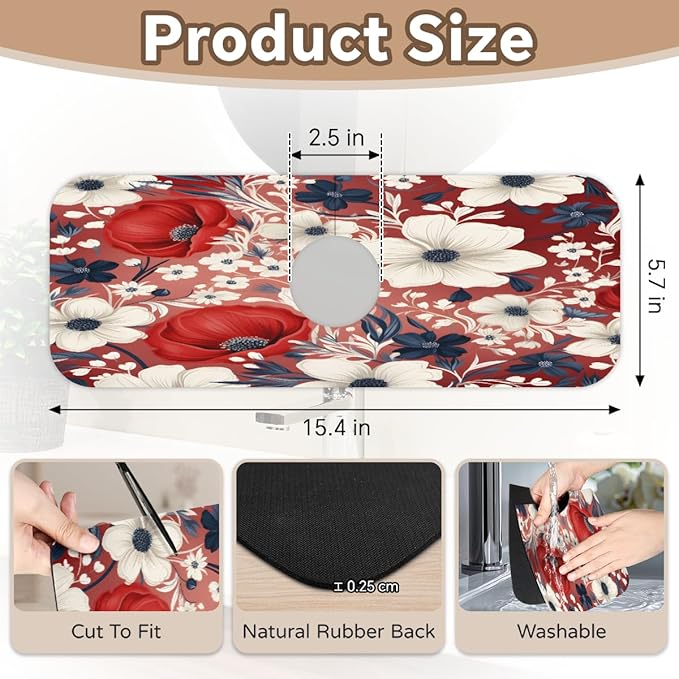 Red White Floral Bliss Kitchen Faucet Mat Splash Guard, 15.4”x5.7” Absorbent Quick Drying Sink Mat for Countertop Protection, Draining Mat Sink Protectors For Kitchen Bathroom, 1 Pack